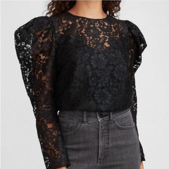 Express Black Puff Sleeve Lace Whimsigoth Blouse With Camisole Size Medium - Picture 1 of 10